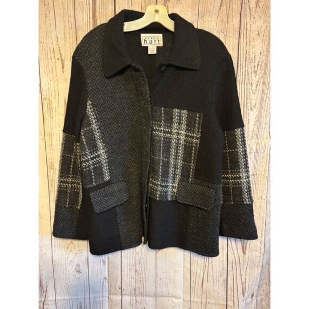 Keren Hart Wool Black & Gray Design Jacket Size Medium Office Party Classy Warm